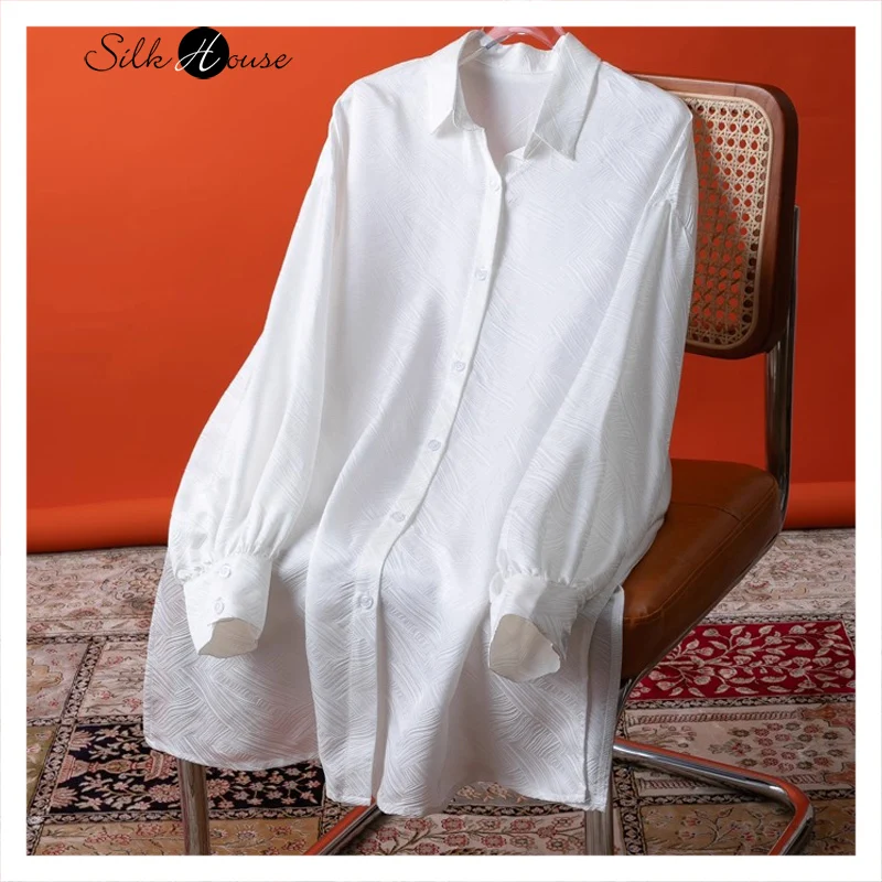 

Light Luxury Glossy 19MM 100% Natural Mulberry Silk Jacquard Satin Square Neck Shoulder Sleeves Women's White Loose Shirt