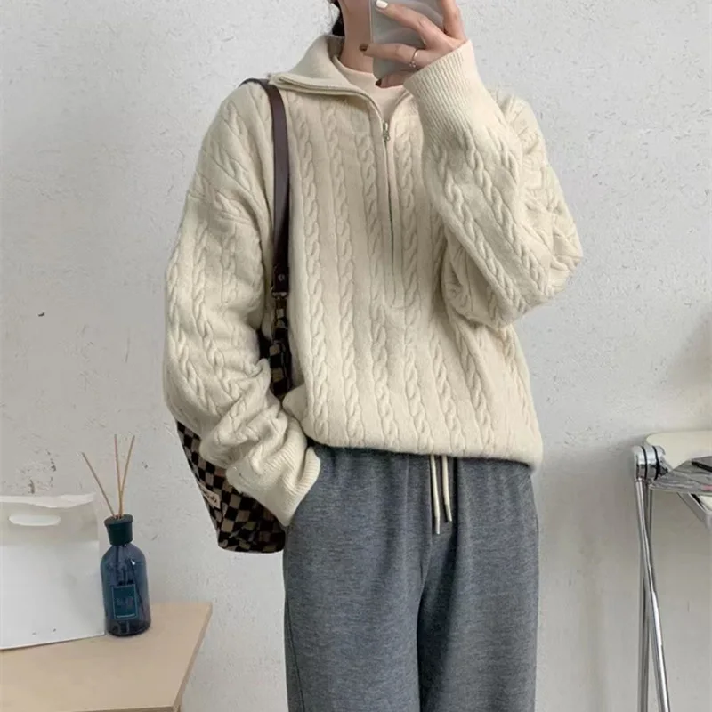 Suéter de punto de gran tamaño para mujer, Jersey Vintage holgado de manga larga con cremallera, Cuello medio alto, coreano, Otoño, 2023