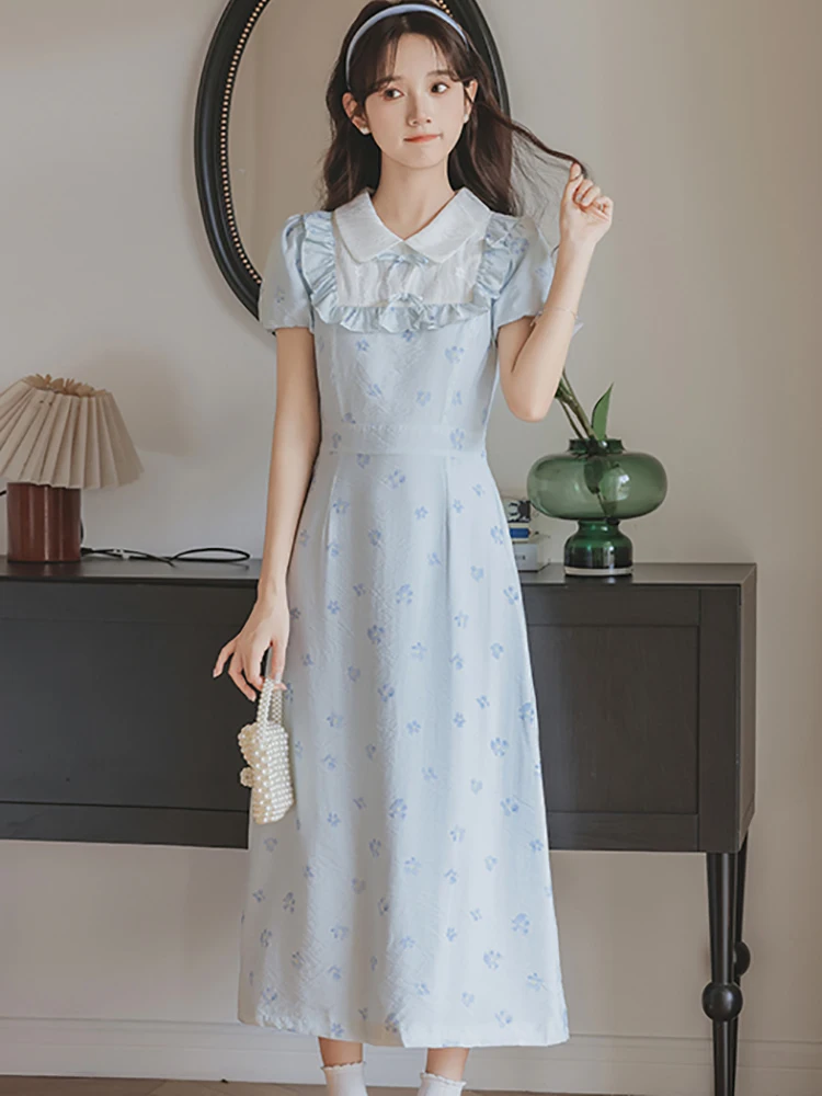 

Summer Blue Floral Chiffon Casual Home Dress Women Puff Sleeve Chic Ruffled Doll Collar Dress 2024 Korean Elegant Bodycon Dres