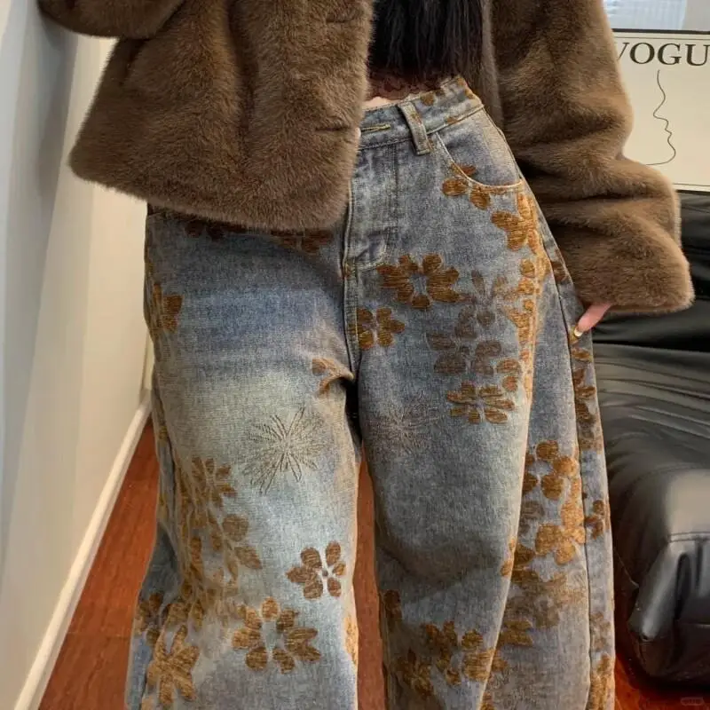 

Пижамы осень-зима расклешенные джинсовые брюки американский винтажный дизайн жаккардовая флисовая подкладка с высокой талией свободный крой утолщенные широкие штанины