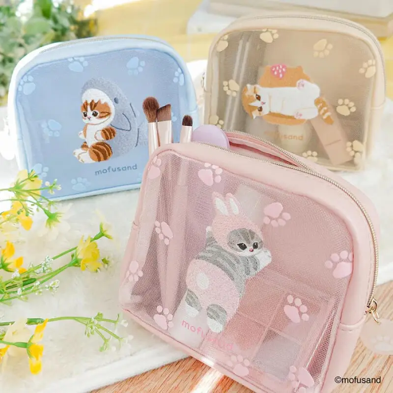 

Косметичка Mofusand с вышивкой, квадратная, сетчатая, с милыми следами лапок, кошелек-монетница, сумка для хранения косметики и туалетных принадлежностей, подарок на день рождения для девочки