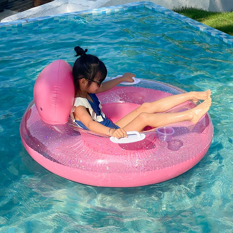 Glitter Inflatable Pool Float เก้าอี้พนักพิงและมือจับ-Sparkling Floating Lounger วงกลม Summer Beach Lake Water Fun Seat