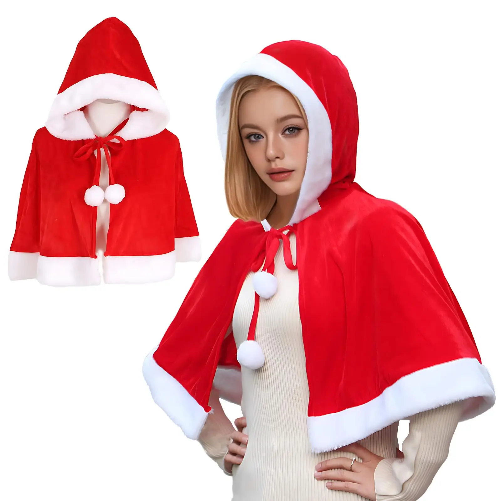 

Christmas Shawl Mrs Santa Claus Red Short Cloak Hooded Cape Xmas Costume Accessory Women Cosplay Dress Up Outfit