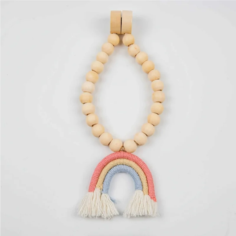 No Punch Magnetic Curtain Bundling Straps, Handmade Rainbow Tri-Color Woven Cotton Linen Tiebacks, Natural Wood Fringed Tassel F