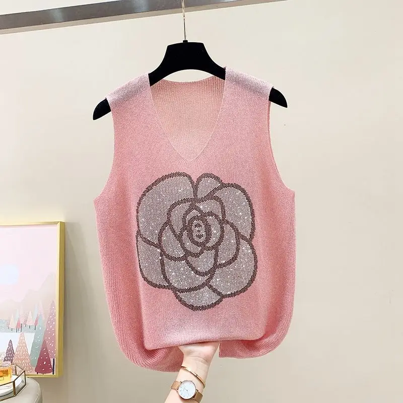 Minimalist Commute Summer New Women V-neck Printed Diamonds Loose Sleeveless Ice Silk Knitted Sweater Tank Camisole T-shirt Tops