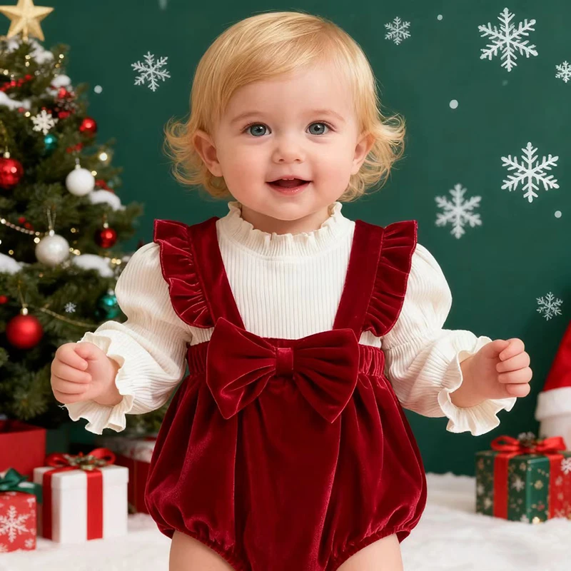 

Рождественские боди с длинными рукавами для новорожденных девочек 0-3 лет, боди для младенцев, осенние комбинезоны с бантом, детская цельная одежда для малышей