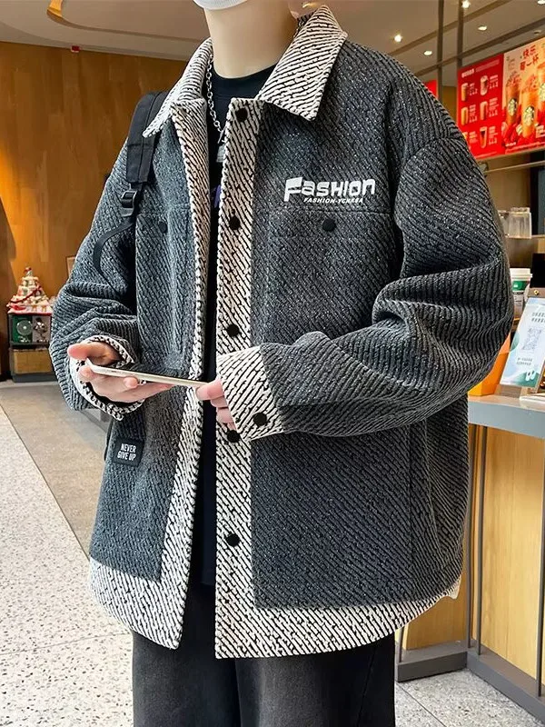 

Trendy Men's Loose Fit Jaet Fake Two-Piece Collar Autumn Winter plus Size Luxury Feel Outerwear Faionable Casual Coat