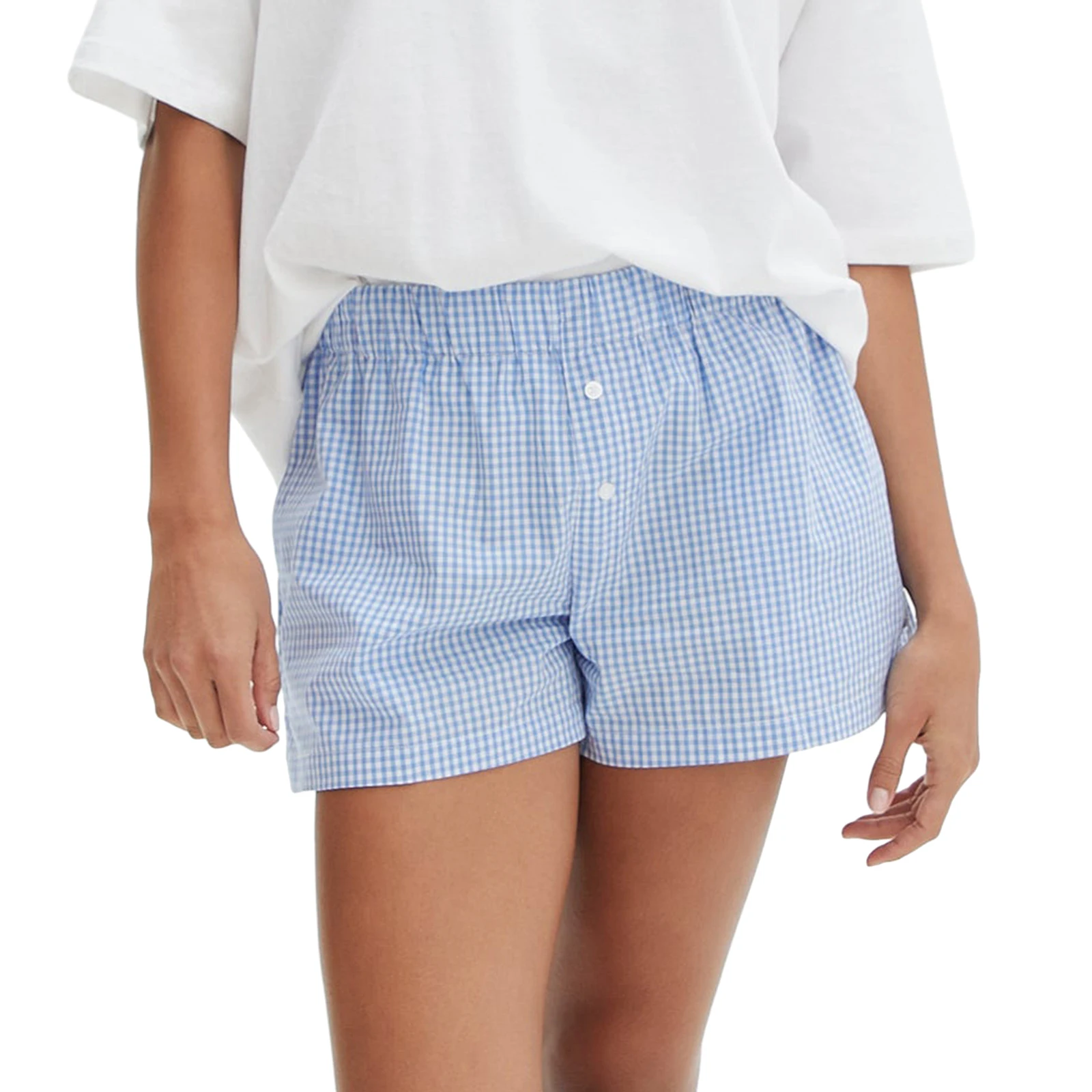 Women Harajuku Girly Fairycore Button Front Shorts Casual Elastic Waist Plaid/Striped Print Lounge Shorts Going Out Pants