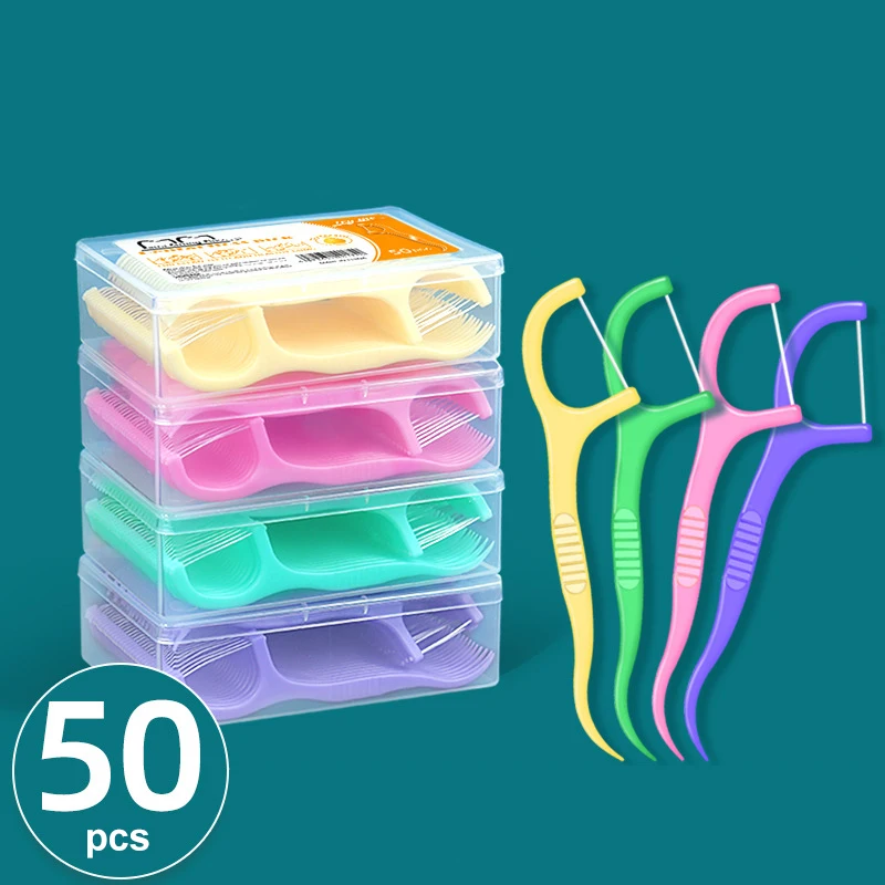 50pcs/1box Dental Floss Stick Super Thin Smooth Disposable Toothpick Mint/Strawberry/Grape/Grapefruit Fruit Flavor Portable Gift