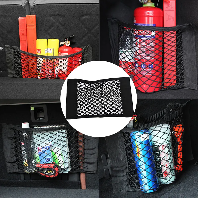 Universal Dual-layer Nylon Elastic Mesh Car Storage Bag, Black Sundries Organizer Pocket for Seat Back & Trunk All Vehicle