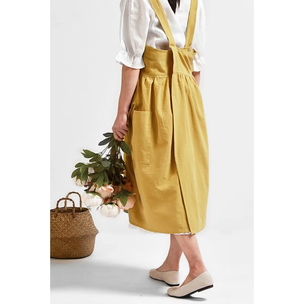 

Durable Cotton Linen Apron Pocket Design Loose Fit Work Uniform Printable Logo Straps Style Kitchen Apron Florist Work