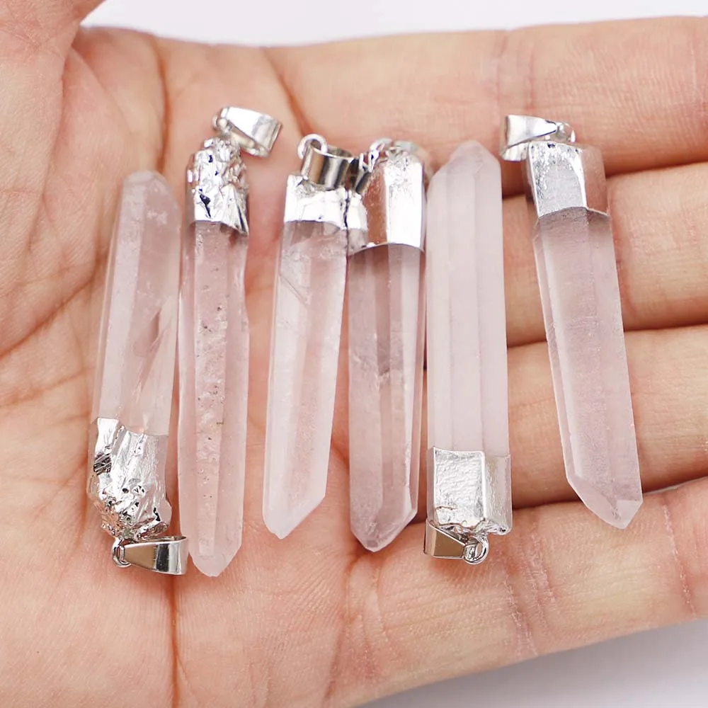 

New Natural Stone Clear Crystal Quartz Platinum Plating Pendant Charm Raw Ore for Women Necklace Jewelry Making 6pcs Wholesale