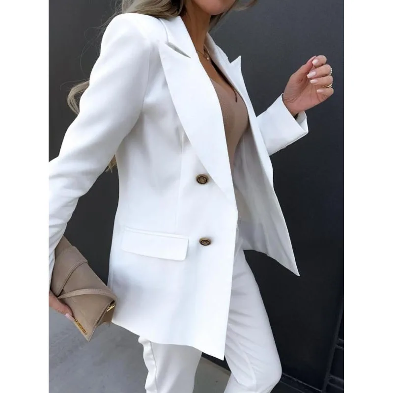 2023 New Autumn Fashion Solid Color Suit Collar Double Breasted Small Suit Temperament Commuter Women\'s Pocket Casual Coat