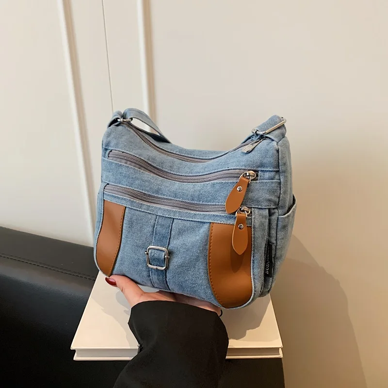 

Y2K Aesthetic Denim Large Capacity Crossbody Bag, Vintage Washed Jean Shoulder Handbag, Trendy Commuter Messenger Bag for Women