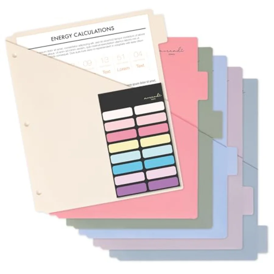 

6-Tab Dividers for 3 Ring Binder, Plastic Dividers with 2 Pockets, Letter Size, Pastel Colors, 1 Set
