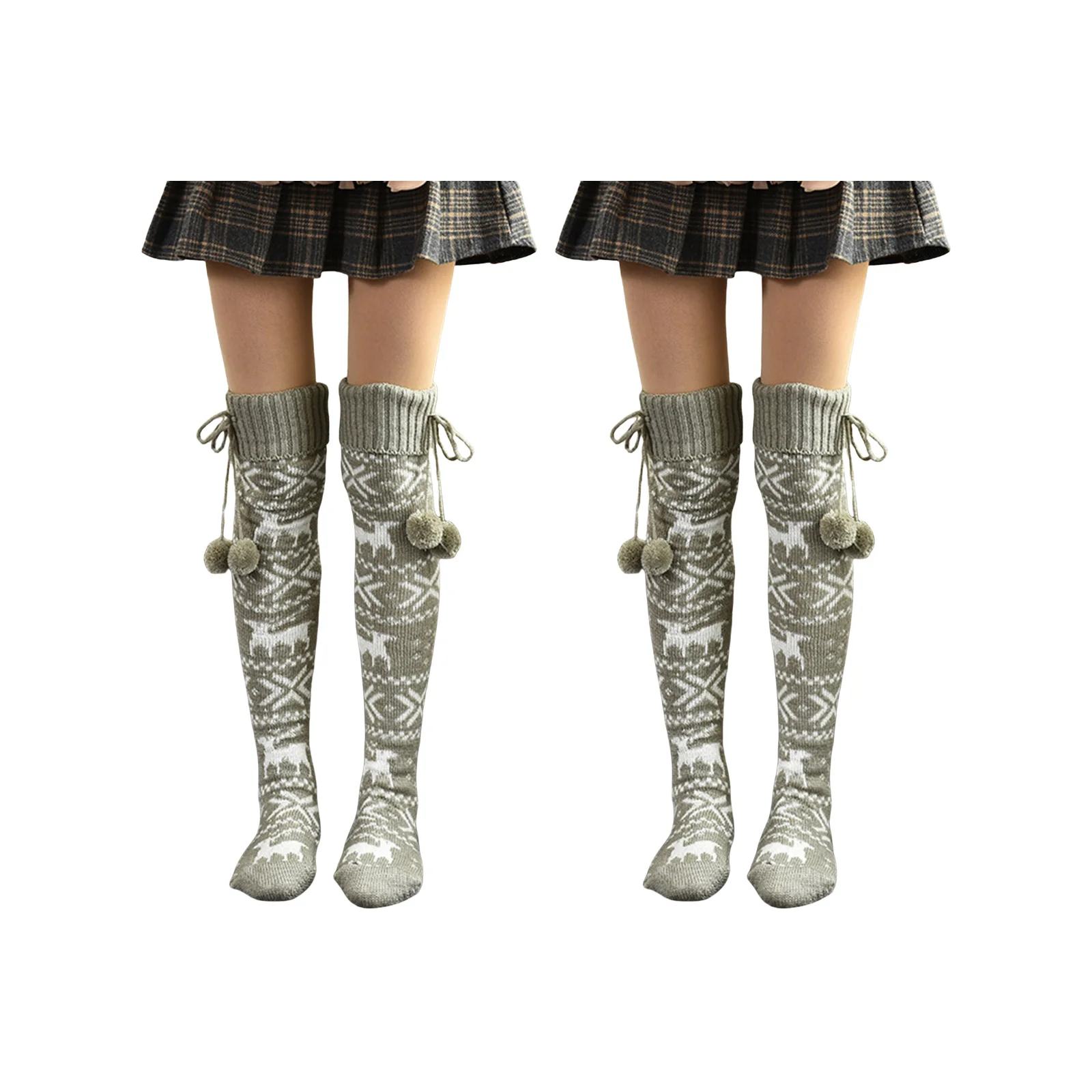 Christmas jacquard knitted wool over-the-knee stockings (1 pair gray + 1 pair red)