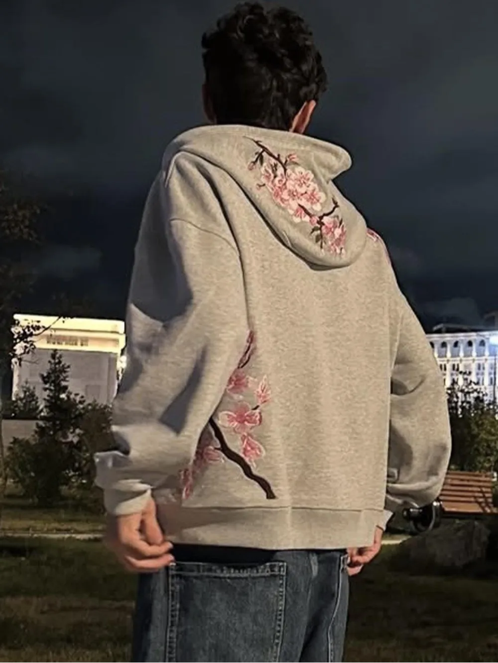 New retro autumn and winter cherry blossom embroidery zipper hooded sweatshirt jacket, street trend casual neutral style ins