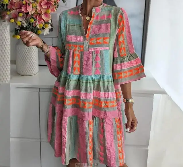 

Fashion V Neck Printed Midi Dress with 3/4 Sleeve Elegant Floral Pattern Oversize Cozy Vestidos