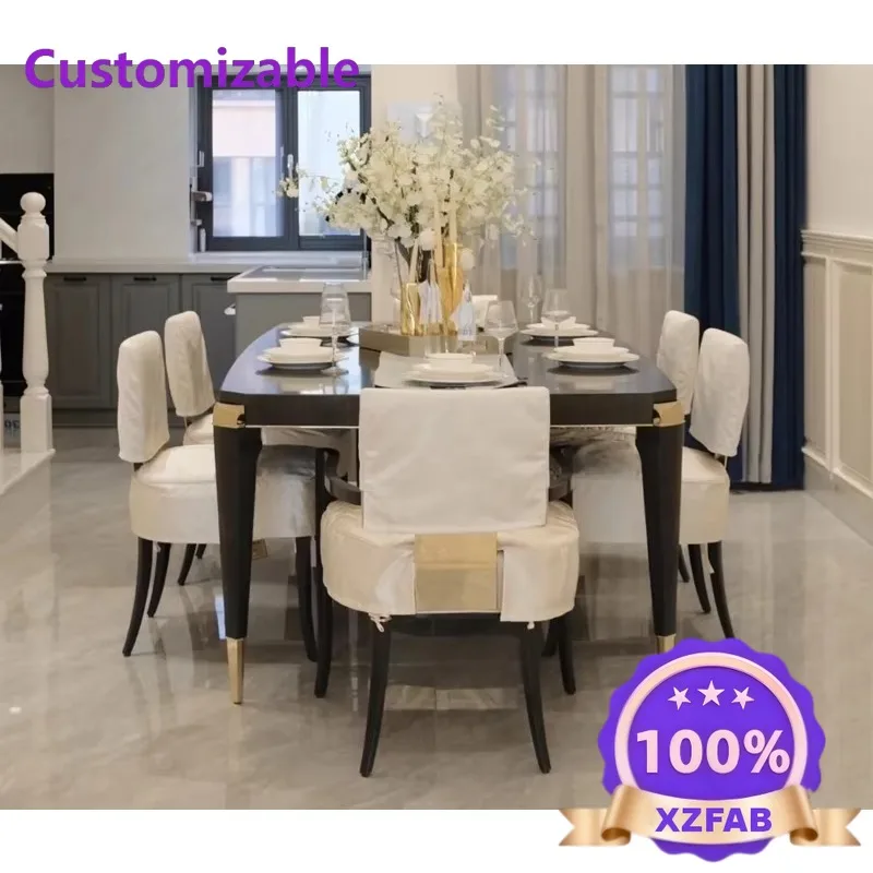 Factory Direct 2026 Modern American Style Solid Wood Dining Table and Chair Set Silk Upholstered Armrest Dining Chair Home