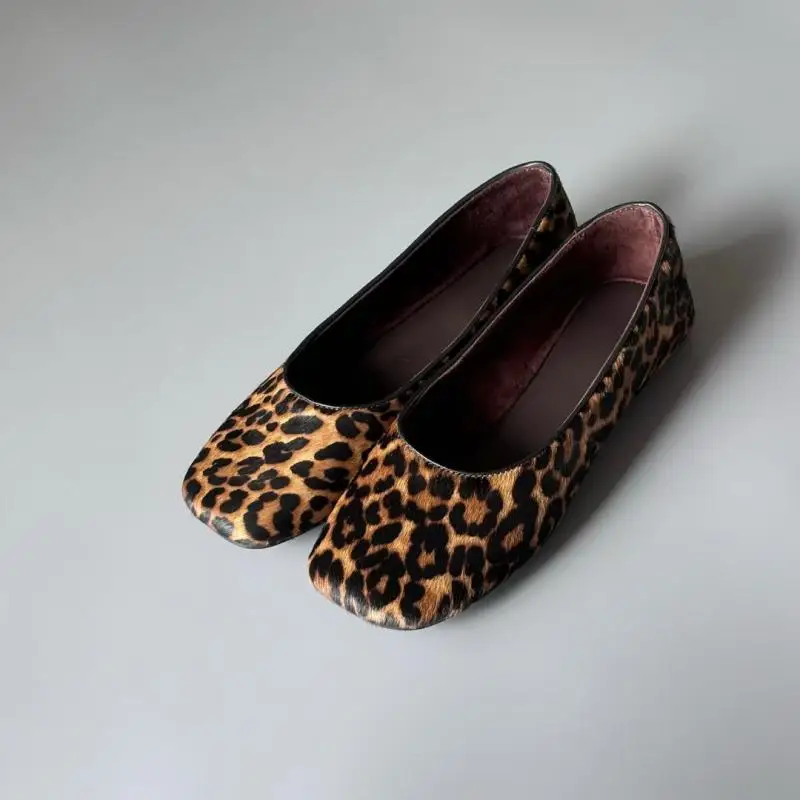 Maxdutti Minimalist Women's Shoes Retro Horse Spring And Summer Square Toe Leopard Shoes For Woman Leather Comfortable Flat Shoe