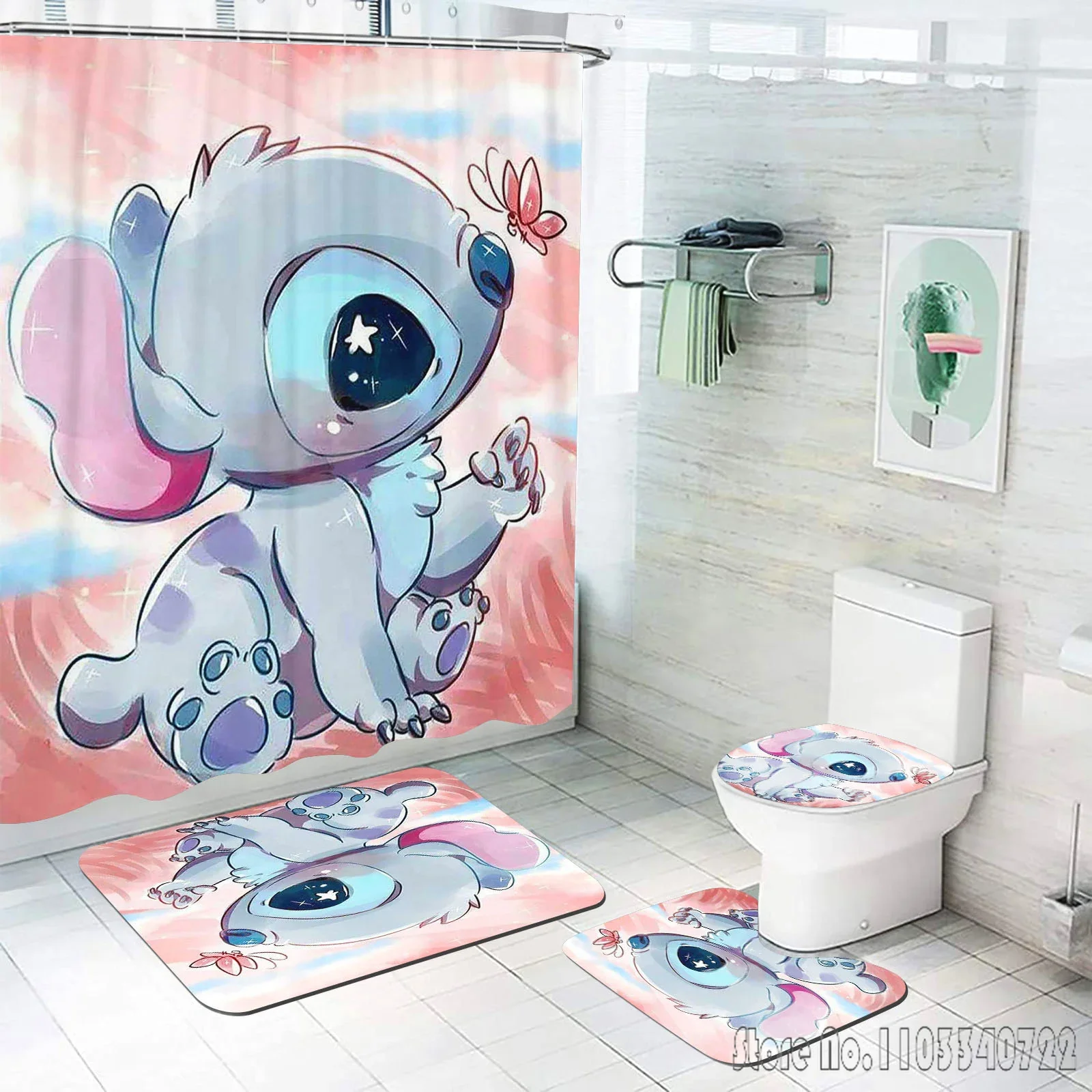 Stitch Anime Home 100% poliéster accesorios de baño juego de 4 piezas esteras y cortinas de ducha juegos de cortinas de lujo impermeables