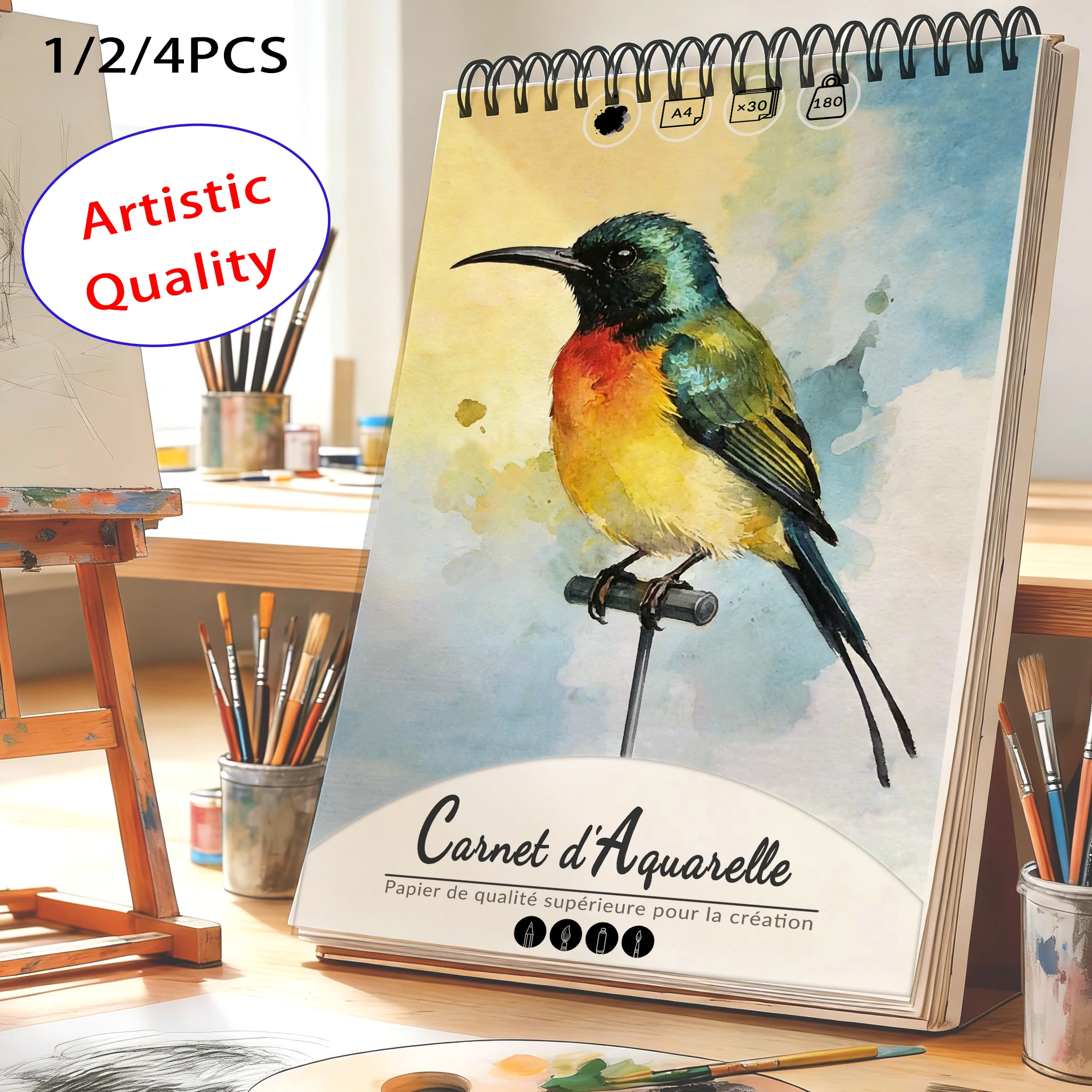 A4 Spiral Bound Watercolor Sketchbook, 180gsm Acid-Free Cold Press Art Paper Pad, 30 Sheets Perforated Watercolor Notebook