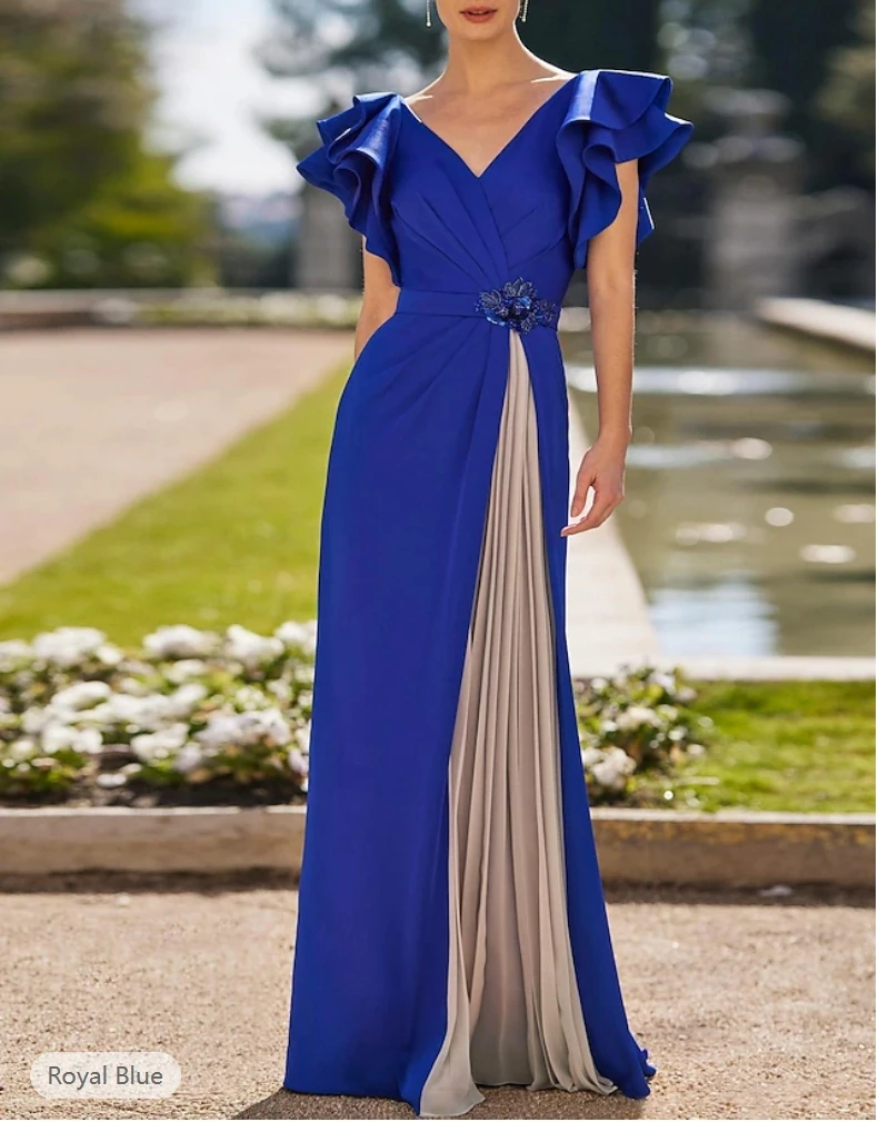 

Sheath Evening Gown Elegant Mother Dress Formal Blue Wedding Guest Short Sleeve V Neck Pleats Crystal