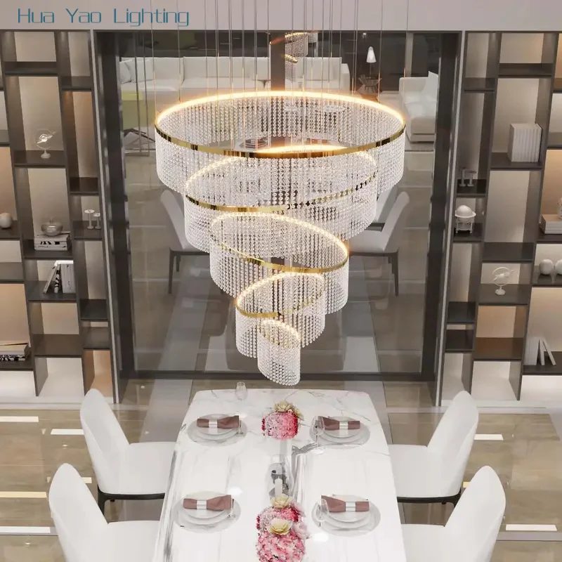 

Large Crystal Chandelier Ring For High Ceiling Modern K9 Crystal Raindrop Chandelier Round Staircase Foyer Villa LED Dimmable