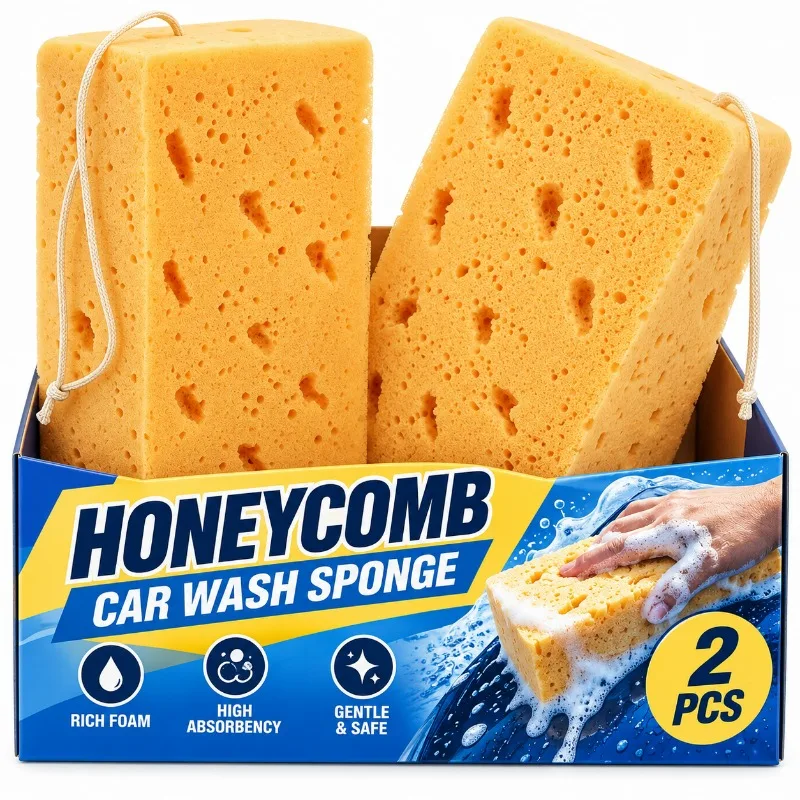 Extra Large Car Wash Sponge Honeycomb Scratch Free Auto Cleaning Tool Thick Super Absorbent Yellow Washing Pad with Hanging Rope