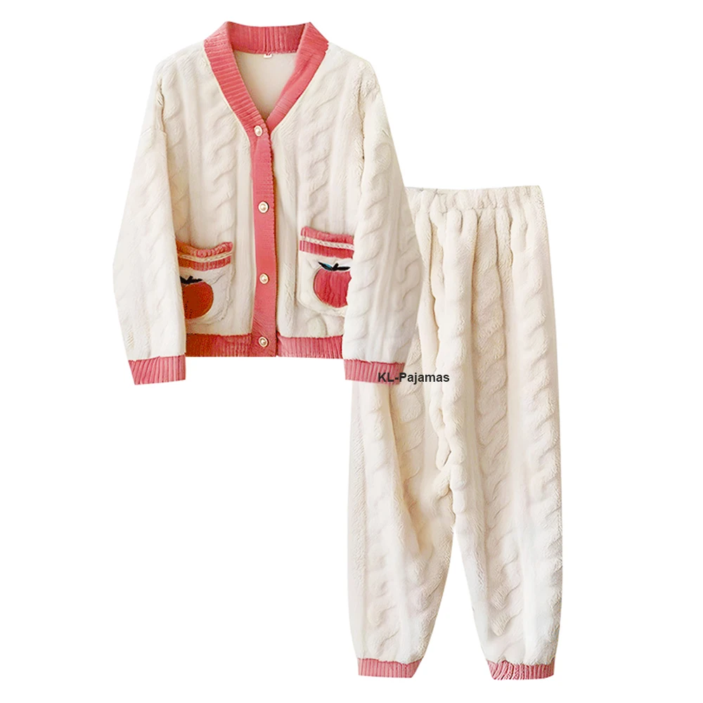 Winter Warme Pyjama Sets Voor Dames Fleece Homewear Flanellen Nachtkleding Dames Nachtkleding Set Lange Mouw Fluwelen V-Hals Pijama Set