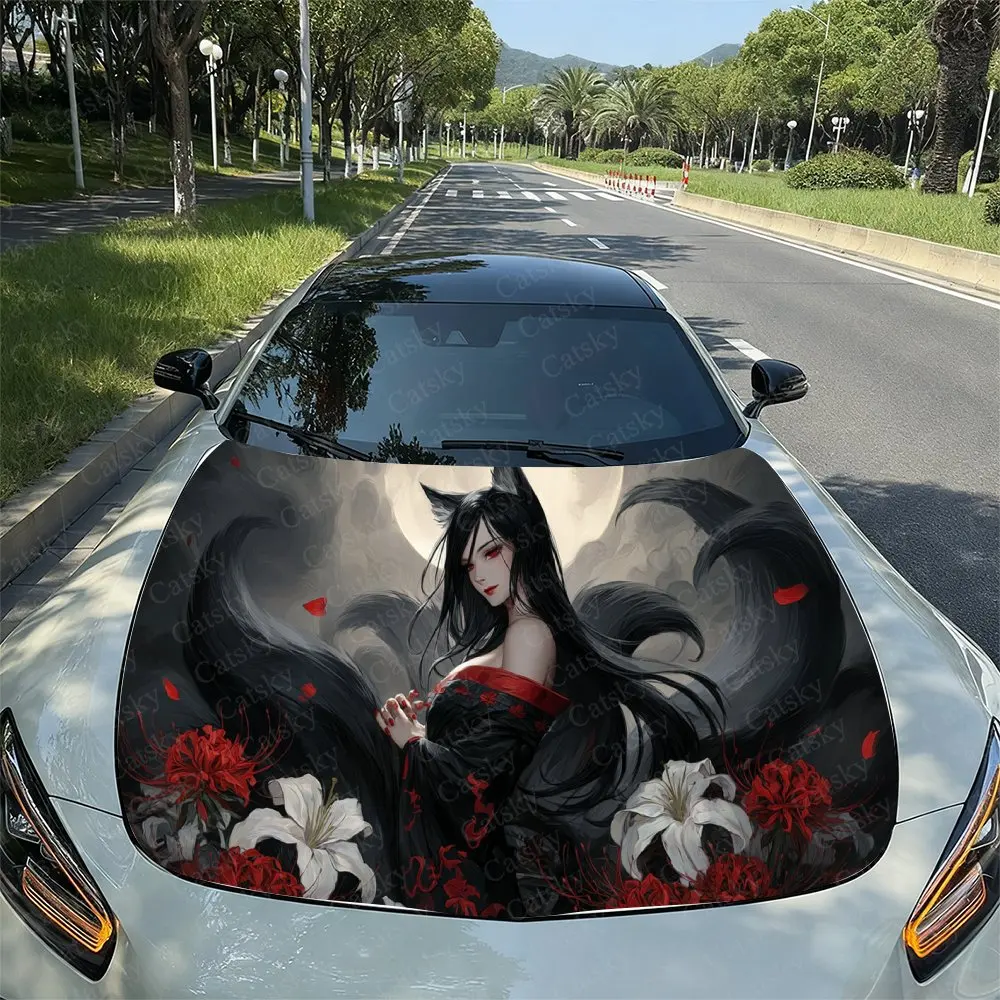 

Nine-Tailed Fox Girl Car Vinyl Wrap, PVC Waterproof Car Hood Sticker, Self-Adhesive Scratch-Resistant Engine Cover Sticker