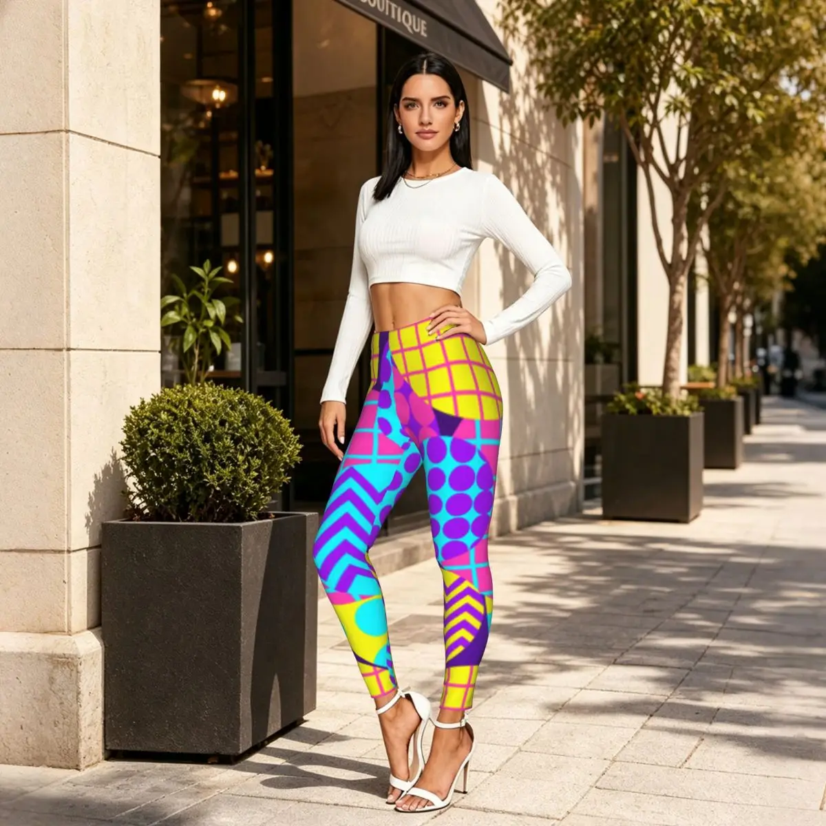 Circles 1980s Style Geometric Memphis Women Leggings High Waisted Stretch Tights Workout Running Pants