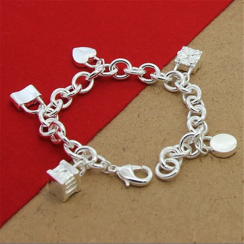 

925 Sterling Silver Bracelet Heart / Circle / Square Lock Bracelets Bangles Woman Man Fashion Charm Wedding Jewelry