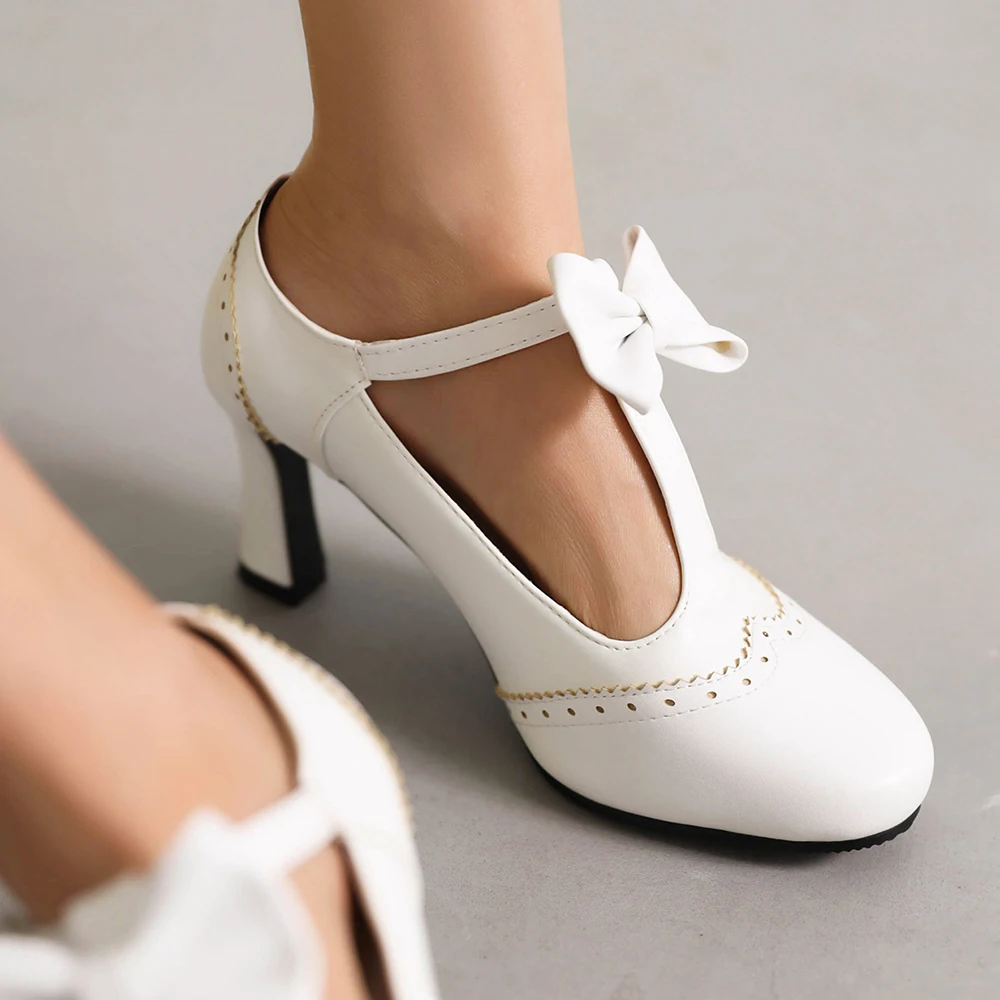 Vintage T-Strap Heels for Women Mary Jane Pumps 8cm Wedding Bridal Shoes Elegant Women\'s Sweet Bow High Heels chaussures femme