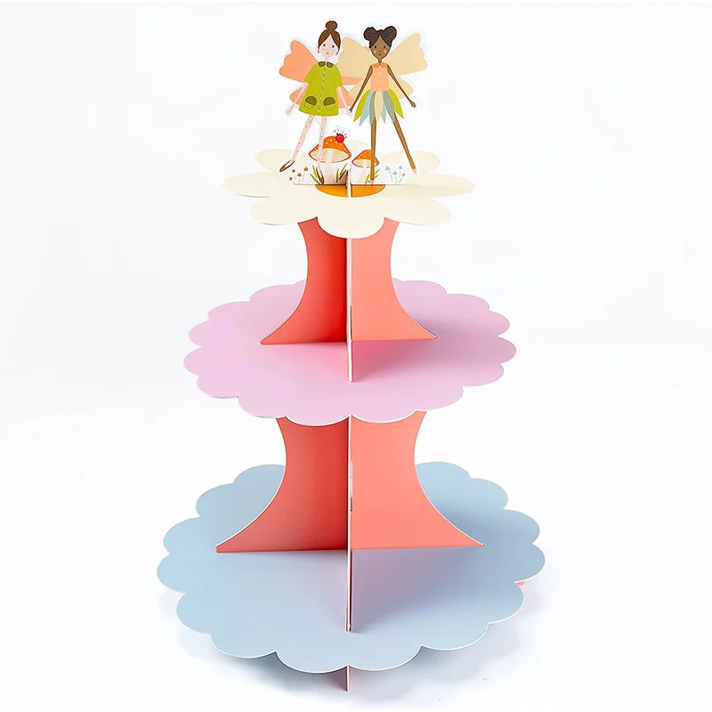 Pastel Woodland Fairy Mushroom Cupcake Stand for Girls Birthday Party Decorations 3 Layer Solid Paper Cake Stand Party Supplies