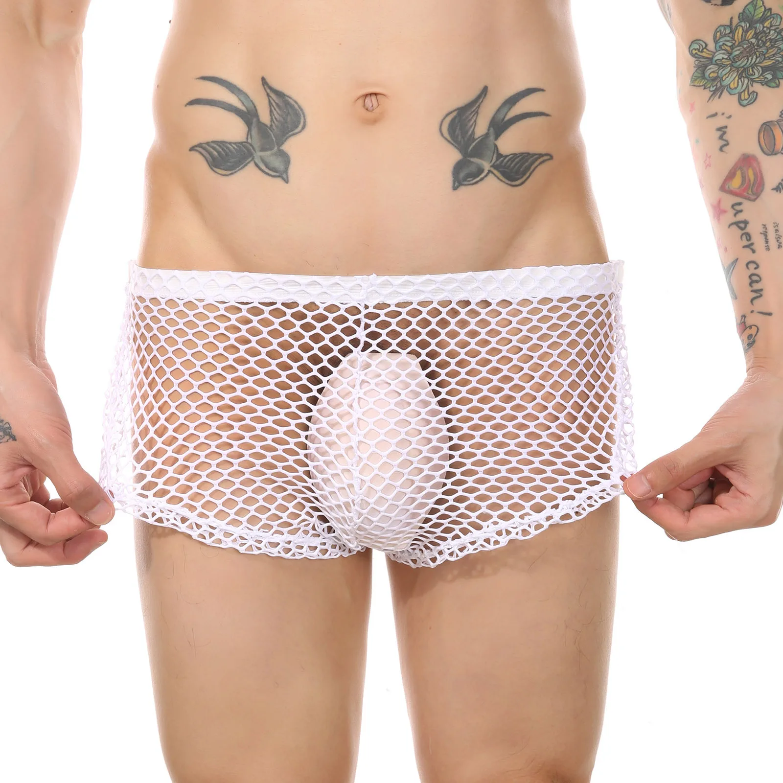 Roupa interior sexy malha U calcinha convexa dos homens com botões laterais, fenda lateral aberta, boxers jockstrap oco transparente, cuecas