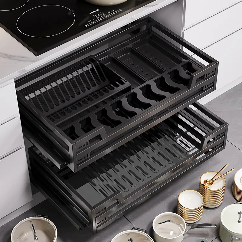 

Multifunctional Kitchen Basket Stainless Steel Drawer Type Double Layer Seasoning Cabinet Renovation Storage Dish Rack Wholesale