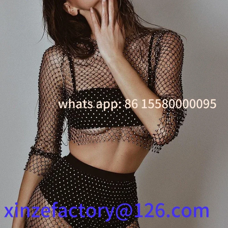 

Be suitable for Women Sexy Mesh See Through T Shirt Shiny Rhinestone Fishnet Hollow Out Crop Top Long Sleeve