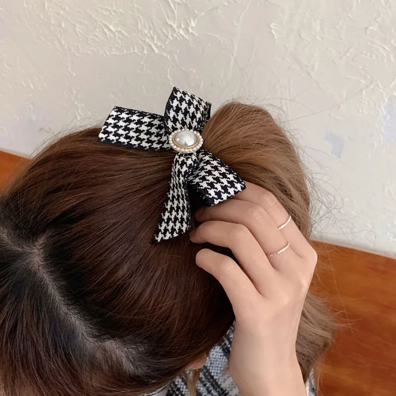 Super Beautiful Plaid Versatile Sweet Cute Hair String HairBand Pearl Barrettes Back Head Hair Ring Headdress Elastic Hair Bands