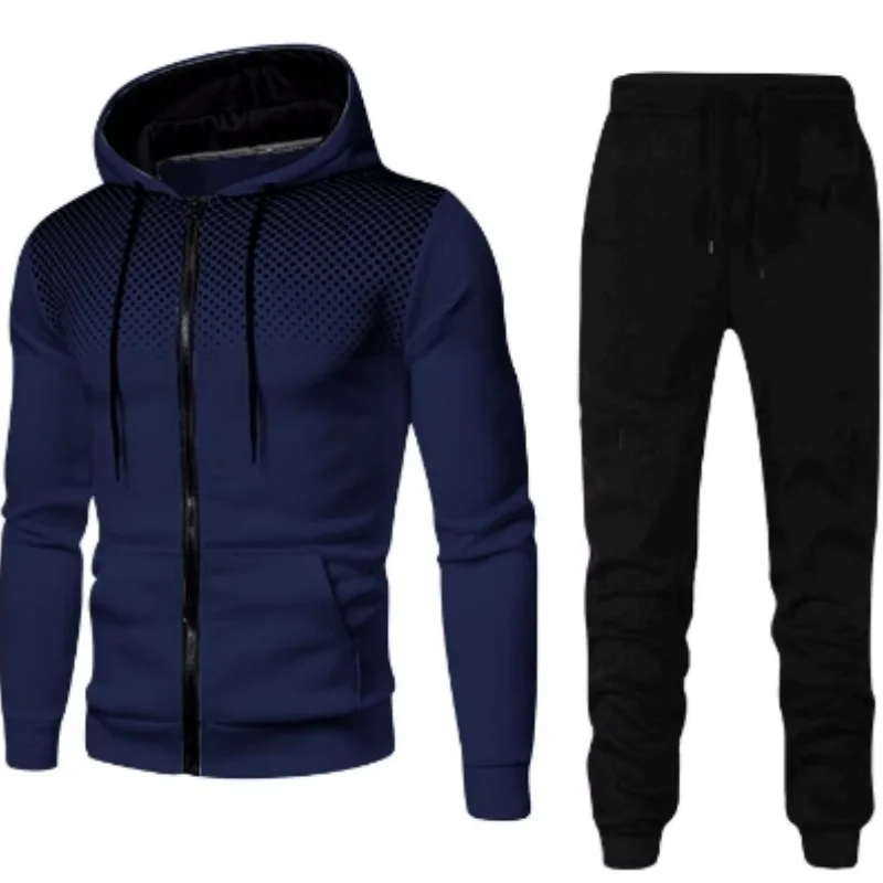 2024 Autumn/Winter New European and American Solid Color Wool Sports Pants Men\'s Casual Zipper Sports Hoodie Set Running Set