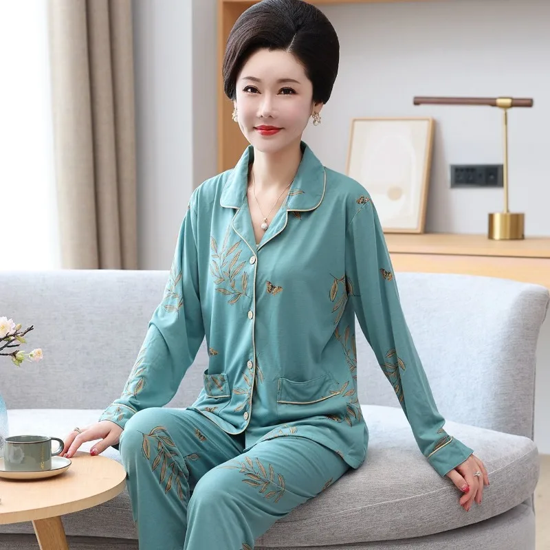 Latest Middle Age Elderly Pure Cotton Pajamas Women Spring Pyjamas Long Sleeve Large Size Sleepwear Set Loose Casual Nightdress