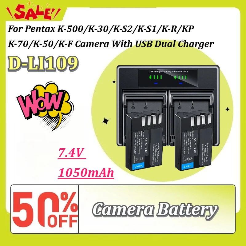 D-LI109 7.4V 1050mAh Li-ion Replacement Battery & USB Dual Charger for Pentax K-500/K-30/K-S2/K-S1/K-R/KP/K-70/K-50/K-F Camera
