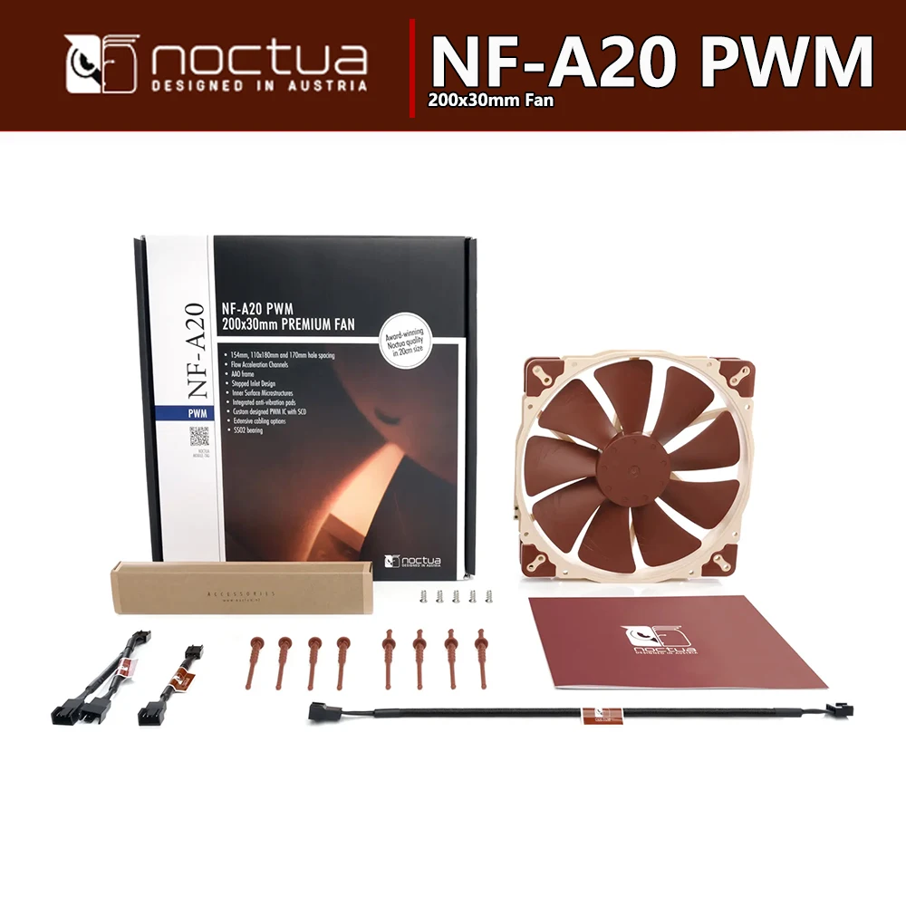Noctua NF-A20 PWM 4Pin 12V أداء تبريد هادئ 200x200x30mm مروحة SSO2 تحمل Chromax.Black.Swap-Edition حجم 20 سم مروحة