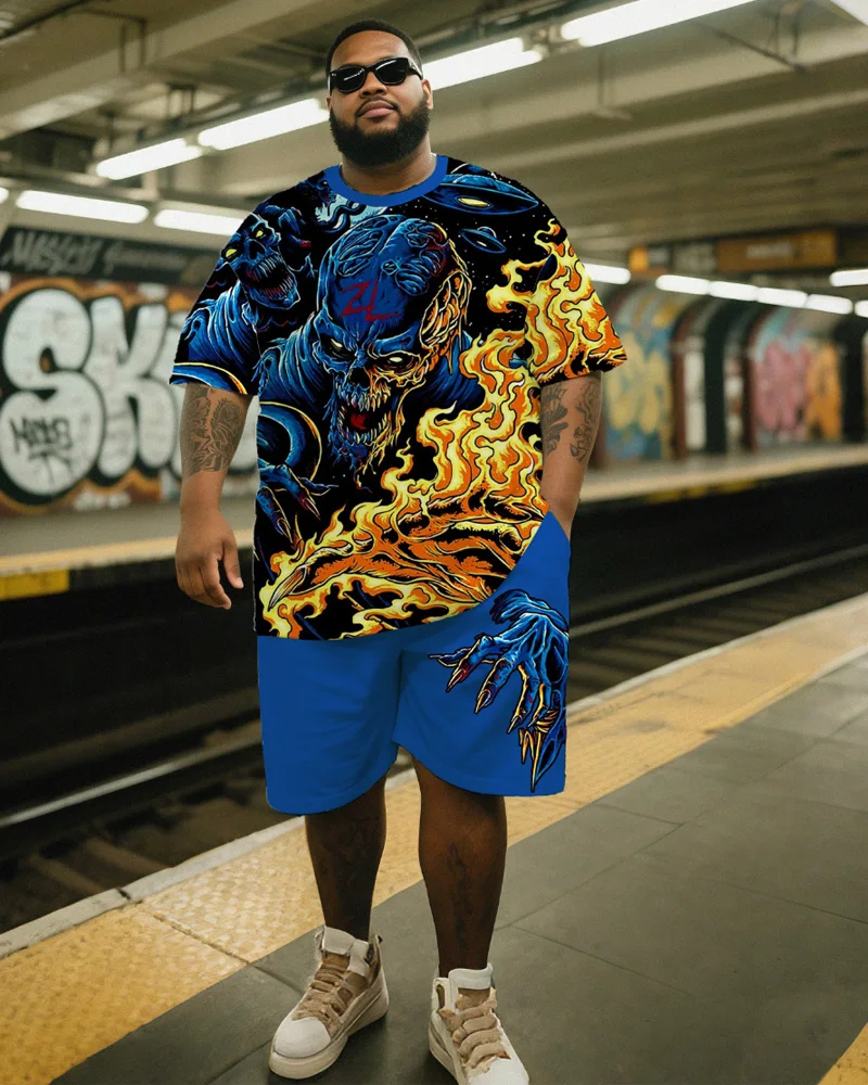 

S-9XL Men's Large Size Skull Print Short Sleeve T-shirt Shorts Two-piece Set