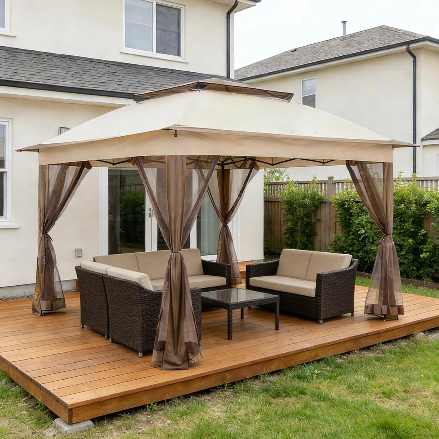 11x11 Ft Pop Up Outdoor Gazebo with Zippered Netting, Instant Patio Canopy Shelter for Backyard Garden Lawn Party, Beige