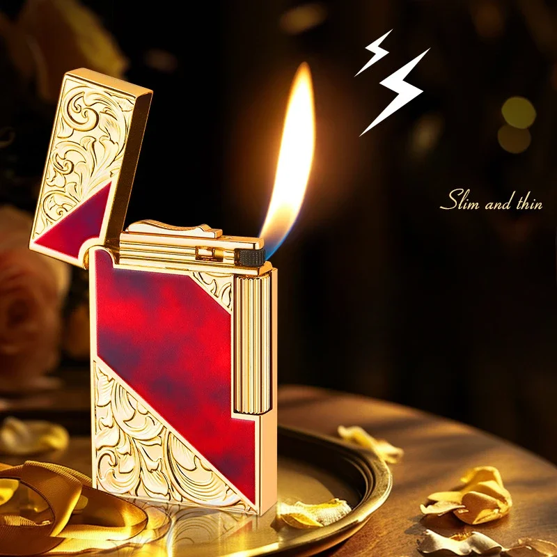 Slim Steel Sounding Light Luxury Retro Lighter, Inflatable Open Flame Side Sliding Grinding Wheel Inclined Fire Metal Lighter