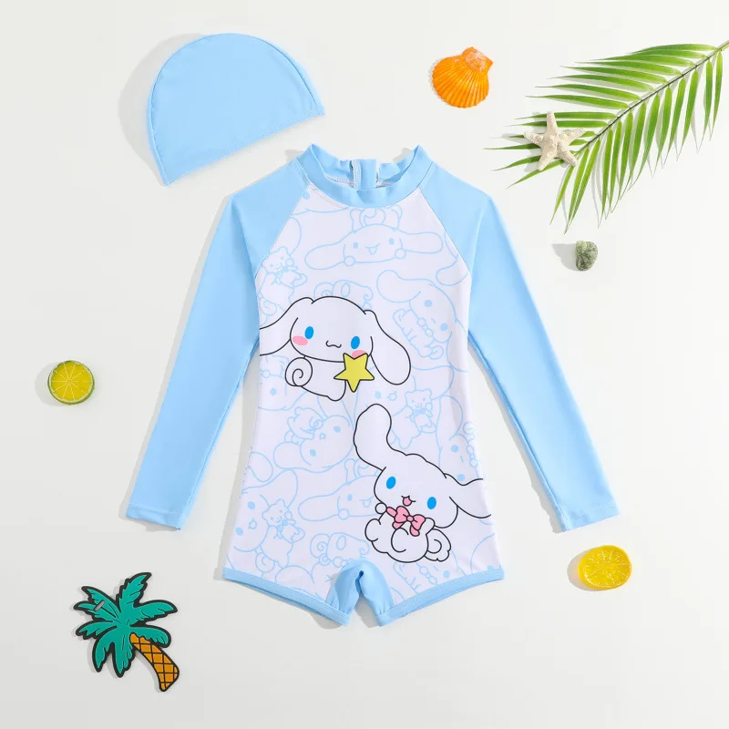 

Kawayi аниме Cinnamoroll Sanrios детский купальник с длинными рукавами, сиамский купальник для мальчиков и девочек, защита от солнца, новинка лета