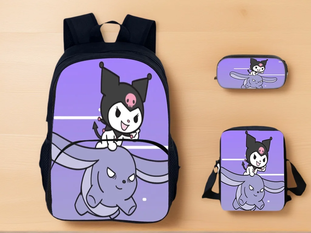 

Kuromi Student Canvas BookBag and Shoulder Bag Pencil Case Set,Lightweight Backpack Classic Knapsack for Kid