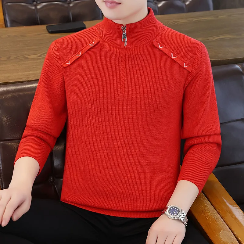 

2025 New Men's Knitted Sweater f Zipper Winter Faion Soft Acrylic Long Sve Warm Thiened Red Color for Youth