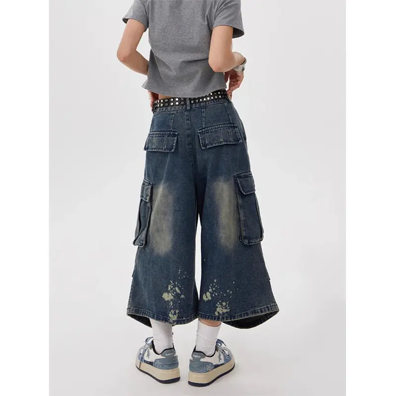 Vintage-Jeansshorts für Damen im Retro-Stil, gewaschen, Arbeitskleidung, mit mehreren Taschen, plissiertes Design, lockere, drapierte Caprihose